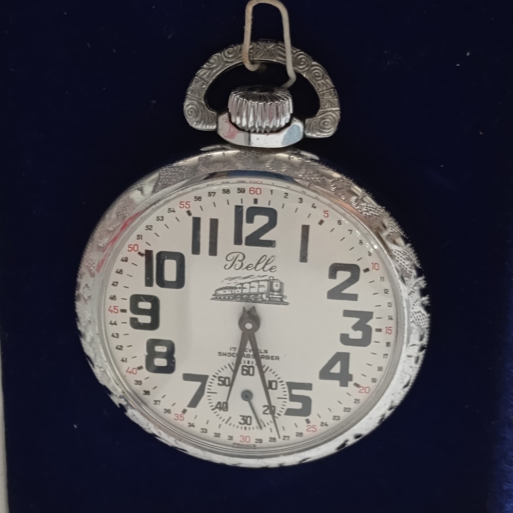 Belle-Suisse‎ Pocket Watch 17 Jewels Shock Absorber "Belle" Train Motif Vtg Box - Picture 15 of 16